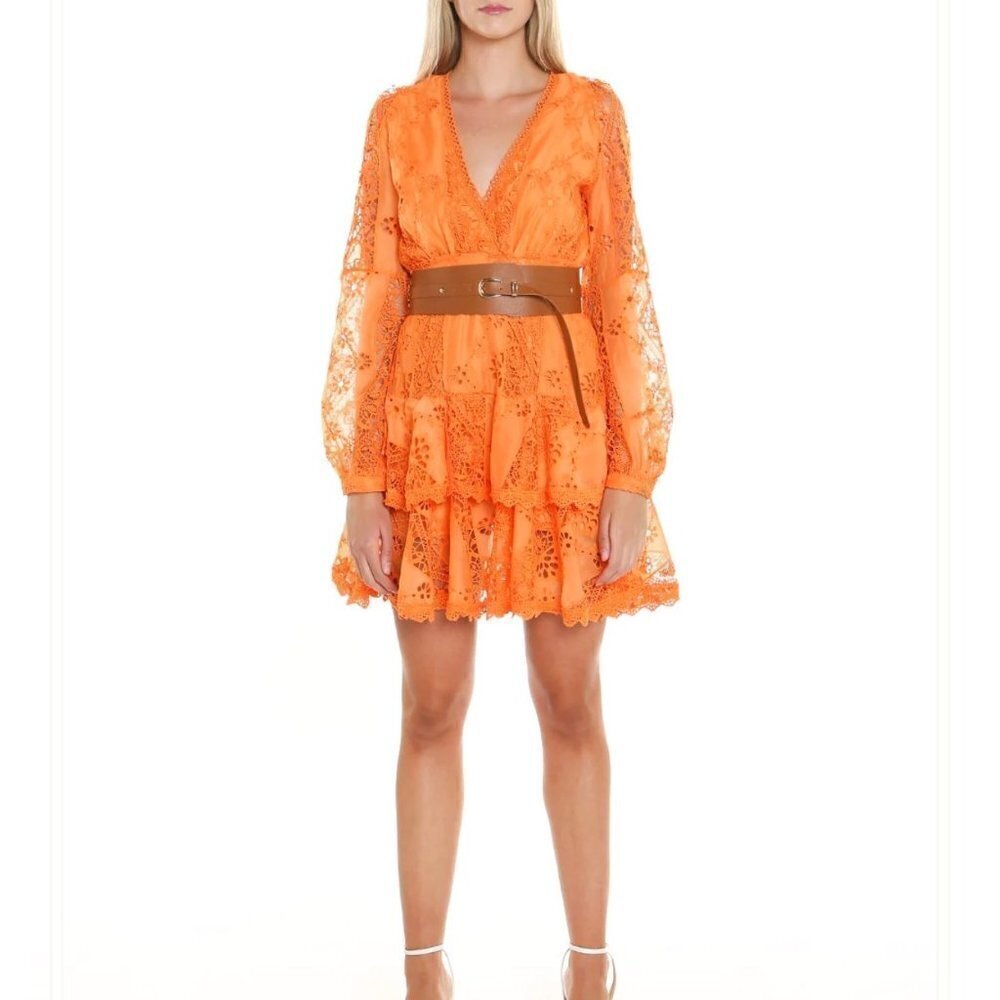 Beulah style Eyelets embroidery Long sleeves tiered flounce hem mini dress, S